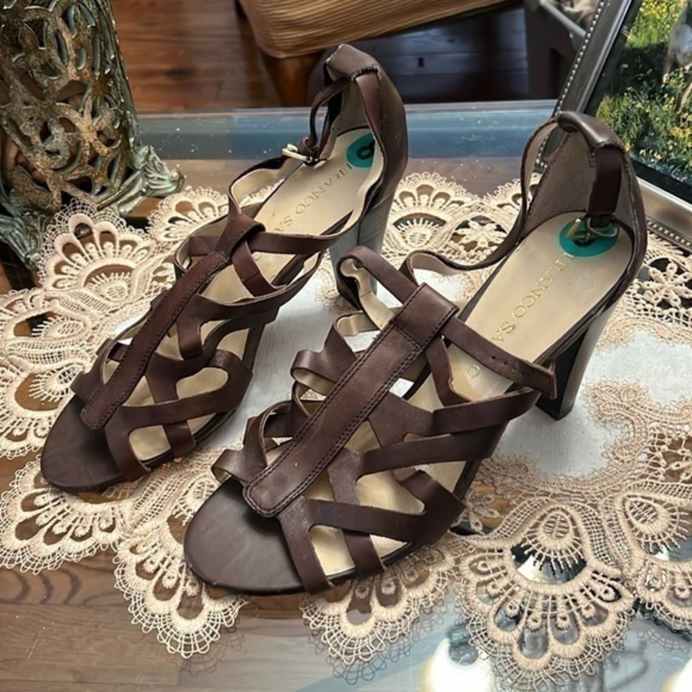 Franco Sarto Brown Leather Strappy Block Heels